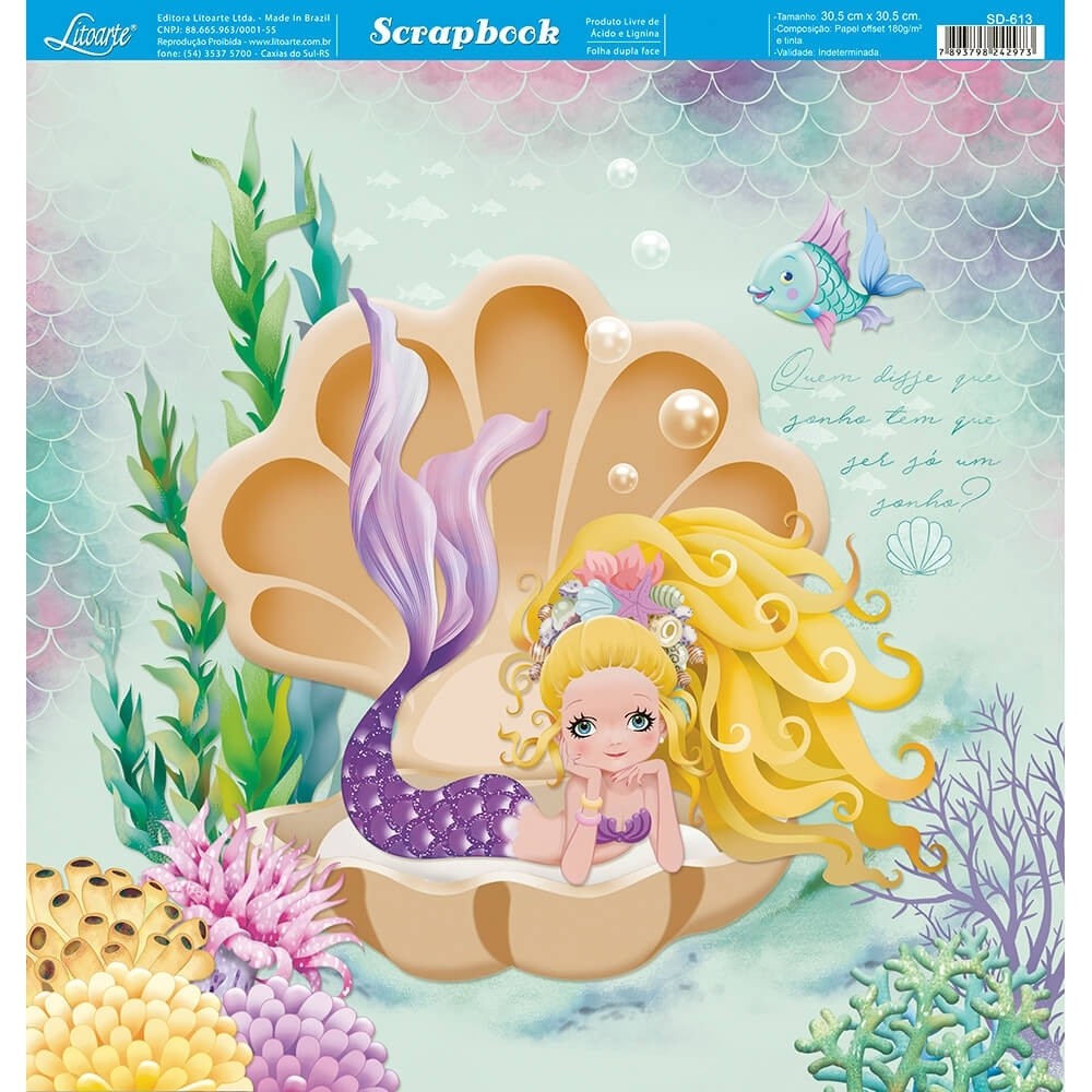 Litoarte Scrapbook Dupla Face Sereia Loira Na Concha Litoarte Scrapbook Dupla Face Sereia Loira Na Concha